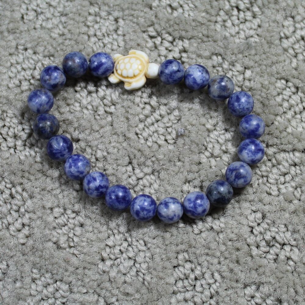 Sodalite Beaded Stretch Bracelet with Carved Turtle Accent